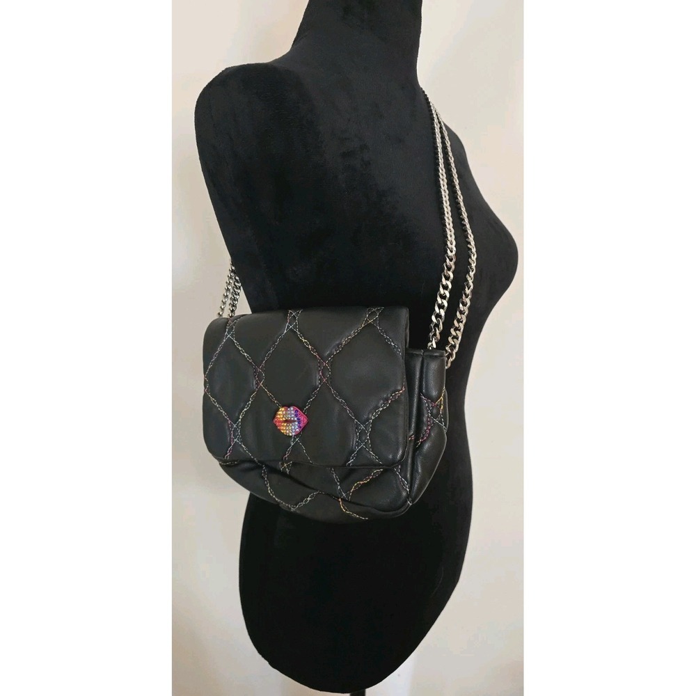 Betsey Johnson Y2K Black Quilted Bag Rainbow Stitching Lip Crossbody Chain Strap